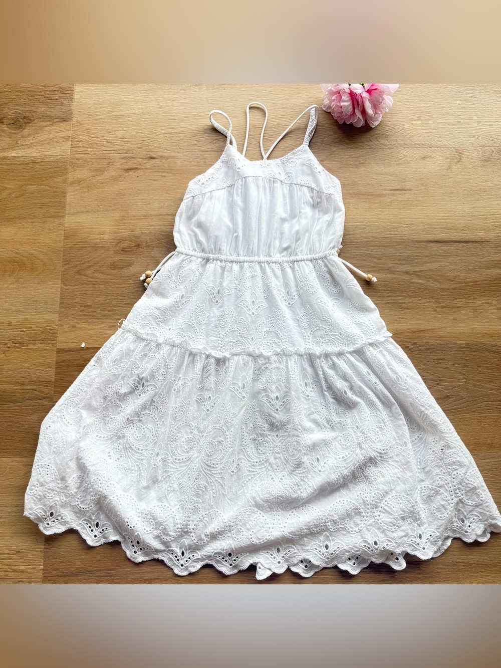 Zara summer dress SZ 8 White Eyelet Spaghetti Straps embroidered cotton lined